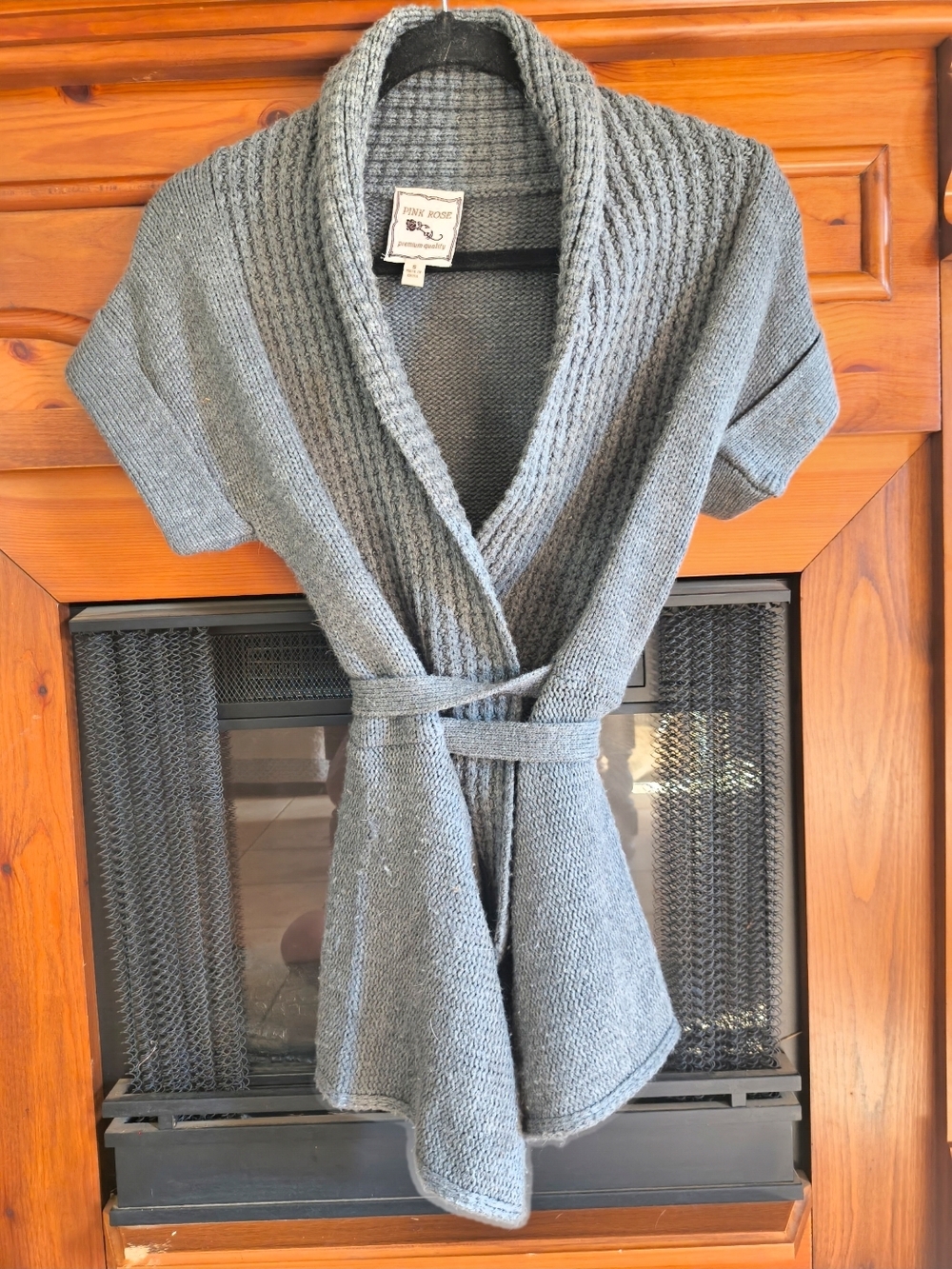 Plush Shawl-Collar Knit Belted Sweater - Gray